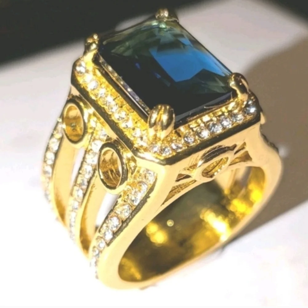 8ct Emerald Lab Created Blue Sapphire Mens Wedding Ring 14k Yellow Gold Plated11